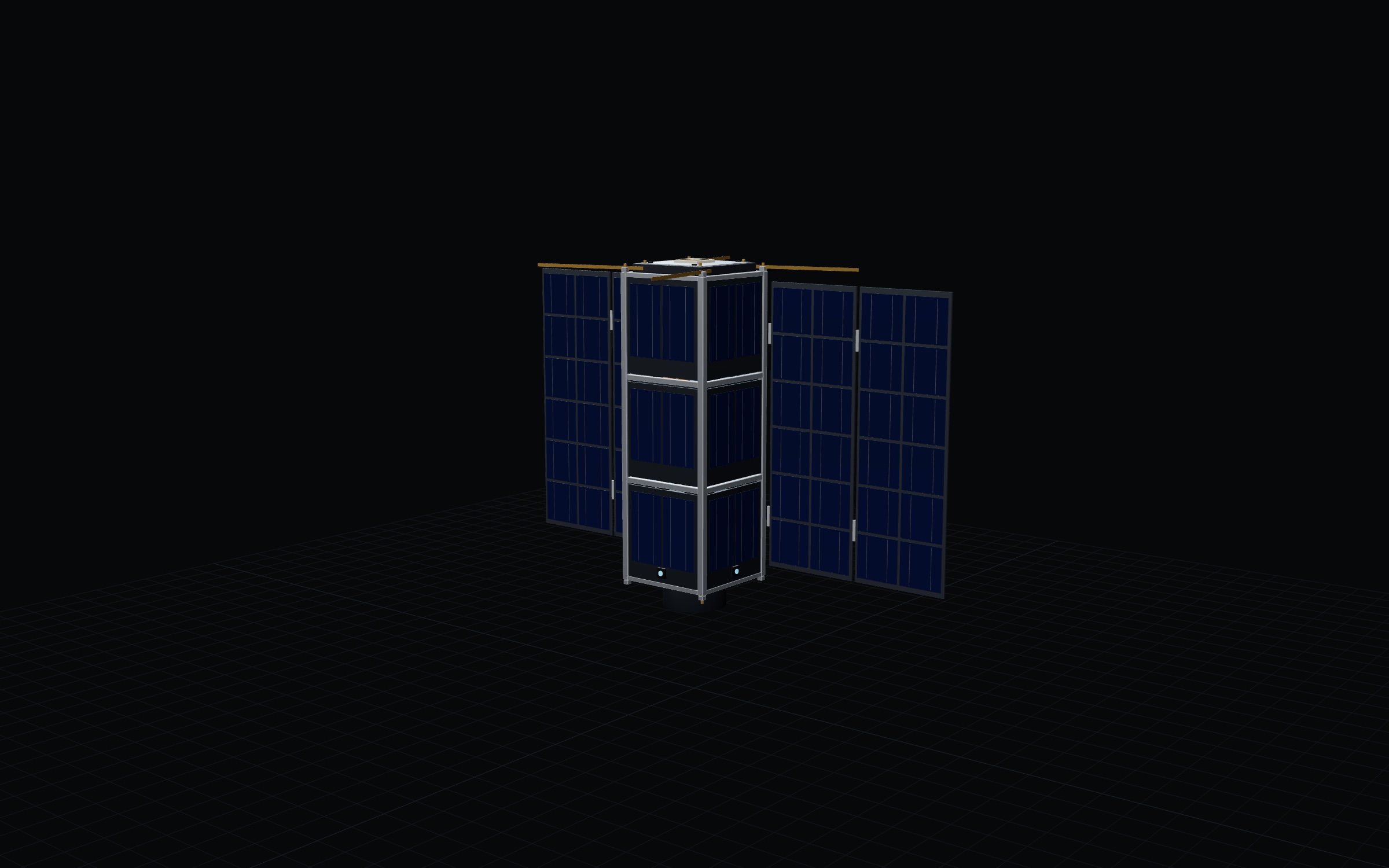 An illustrative 3U CubeSat with two deployed solar wings and tape antennas, floating above a dark grid floor