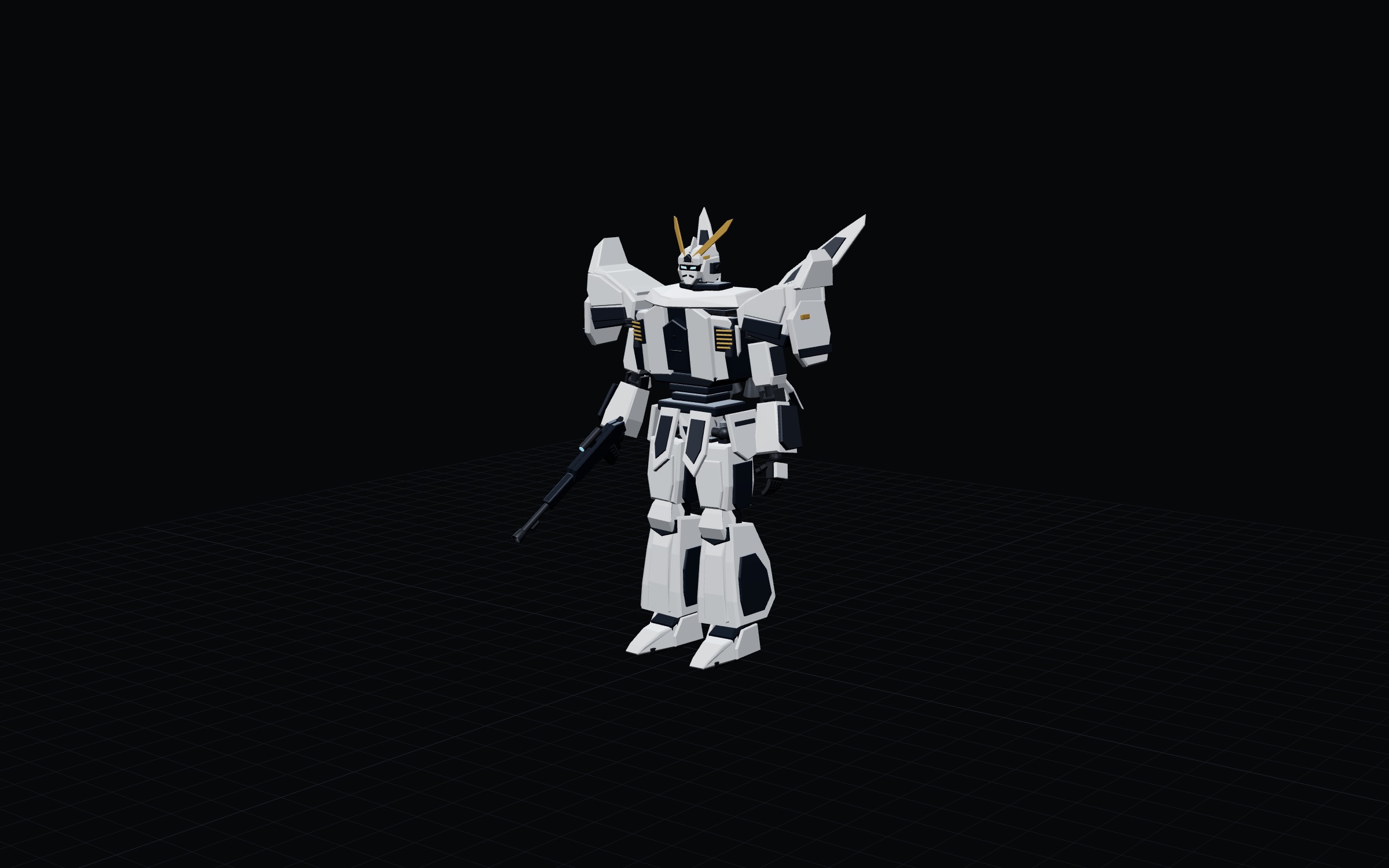 The white RX-105 Ξ Gundam prototype standing on a dark grid floor