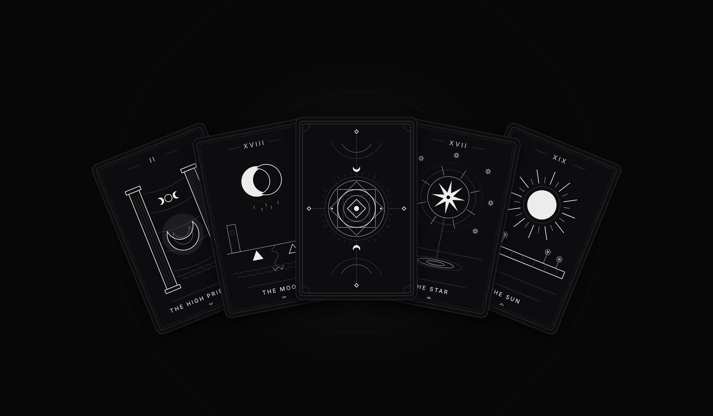 Five monochrome tarot cards fanned out: The High Priestess, The Moon, a card face down, The Star and The Sun